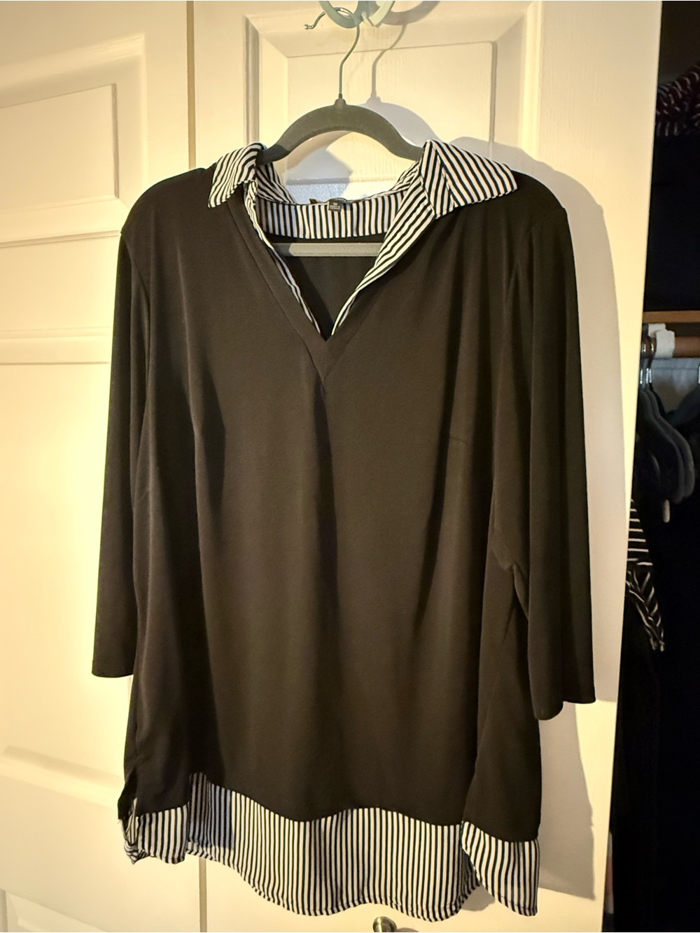 Adrianna Papell Black V-Neck Pullover with Black-and-White Striped Collar